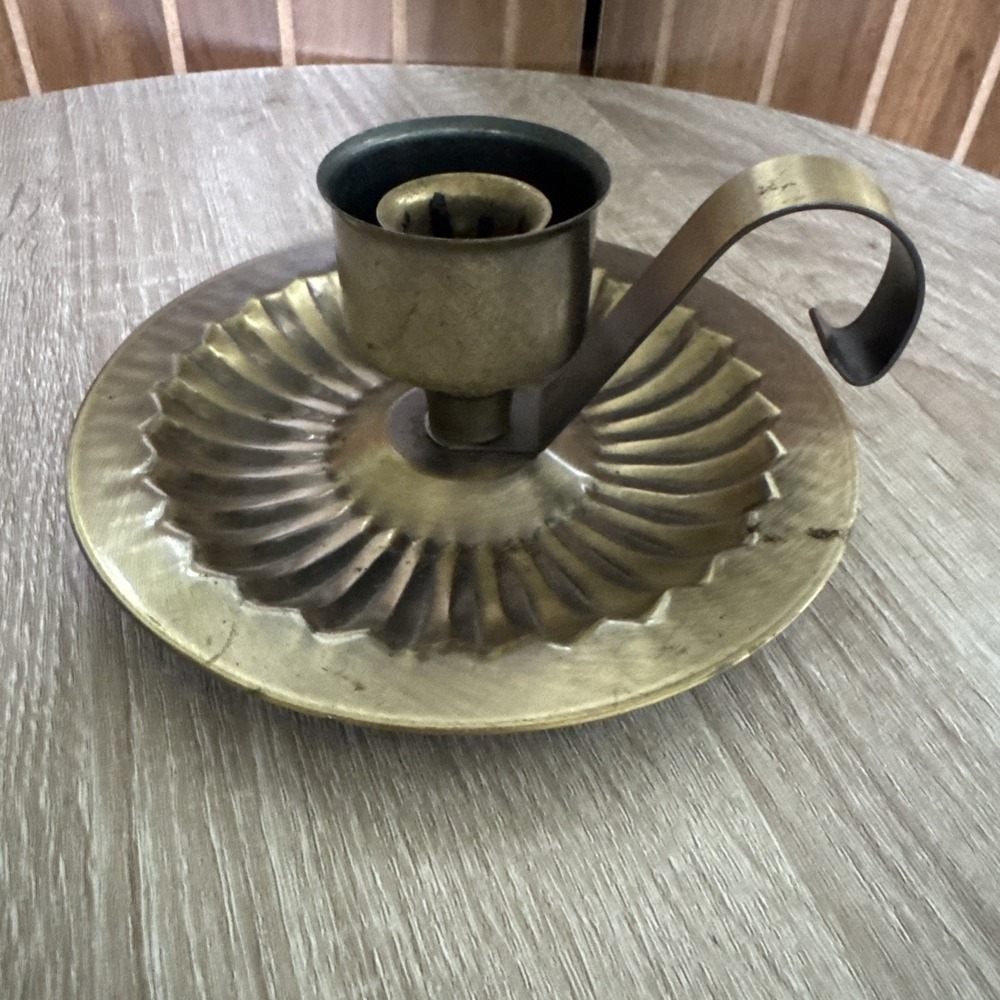 Vintage Homco Brass Candle Holder Chamberstick Finger Loop Handle Taper